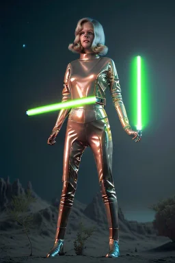 Ultra Realistic retro sci-fi portrait image from 1960, spaceship, sweet young Jane Fonda, tight latex suit, lightsaber fighting stance, soft color, highly detailed, unreal engine 5, ray tracing, RTX, lumen lighting, ultra detail, volumetric lighting, 3d, finely drawn, high definition, high resolution.