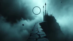 passage over nothingness, surreal, dark and cold abstract artwork dominated by deep blue, icy cyan, charcoal black and muted steel-grey tones. An narrow passageway emerges from an abstract distorted weird landscape, surrounded by thick fog and drifting mist. The space feels nightmare, alien and unsettling, with floating circle and arrows geometric forms, black onix column architectural fragmented and unnatural perspectives. At the center of the composition cracked stone way over abyss