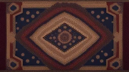 Front Symmetrical View Of Ethnic Cultural Pakistani Sindhi Ajrak Pattern. Using Colors Golden, Navy-Blue, Maroon And Black With a Hexagonal Shape In The Exact Center And Middle.