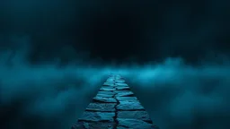 passage over nothingness, surreal, dark and cold abstract artwork dominated by deep blue, icy cyan, charcoal black and muted steel-grey tones. An narrow passageway emerges from an abstract distorted weird landscape, surrounded by thick fog and drifting mist. The space feels nightmare, alien and unsettling, with tiny floating circles and lines geometric forms, black onix column fragmented and unnatural perspectives. At the center of the composition cracked stone way over abyss