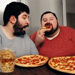 an obese man eating pizza next to a thin man eating vegetables