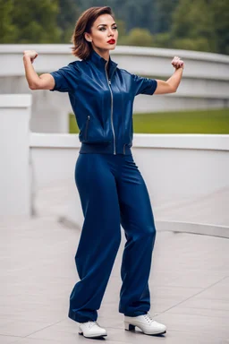 beautiful lady with short hair ,classic jacket and panta stand full body pose sport boots ,simple background