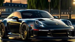 Image of a porsche GT3 922 , Jet Black colour . unreal engine , photorealistic , hyper realism , 4K , UHD , Studio Quality Lightning , Cinematic Scene In A Road .