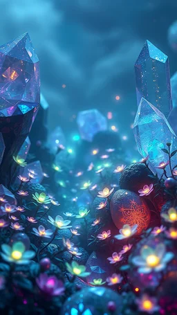 "Fantasy gem and crystal garden with lots of small glowing flowers and plants, shimmering light reflections, iridescent colors, soft mist, surreal and ethereal vibe, ultra detailed digital art"