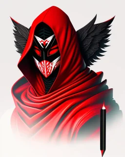 Draw an illustration with a red and black hood and a dragón mask over they eyes, front view