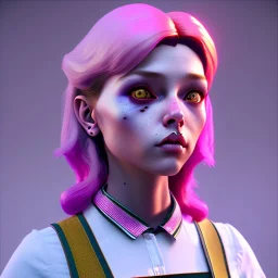 waitress gothic teenager, rounded face, pink hair, color cheeks, striped shirt, color ambient light, vibrant color, highly detailed, art stations, concept art, smooth, 16 bit, unreal engine 5, god rays, ray tracing, RTX, lumen lighting, ultra detail, volumetric lighting, 3d, finely drawn, high definition, high resolution.