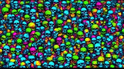 a field of 1000s of cartoonish, anatomically correct, skulls, vivid RANDOM BRIGHT neon colors, dark comedy, well lit, high detail, photorealistic, horrorcore, fun, scary, none featured, each a different color or hue,