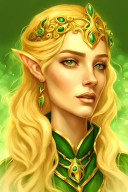 A portrait of Baroness Isalie, a mid-30s Seer Elf with flowing golden hair and piercing emerald eyes flecked with gold. She possesses a regal air and a hint of otherworldly mystery.