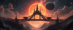 dark bridge space station, portrait of inter-galatic handsome power broker , the first nation, witchcraft, cyberpunk village, sci-fi, strange chrome vessels, volume light from stars through clouds, goa trance poster