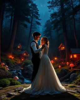 Close up Camera profesional Photography photoshoot Romance Wedding Couple Dancing in Wonderful landscape fantasy night photography art Rivendell land, darkness midnight magical forest and houses,beautiful light lamps,mushrooms,flowrs,little waterfall,river