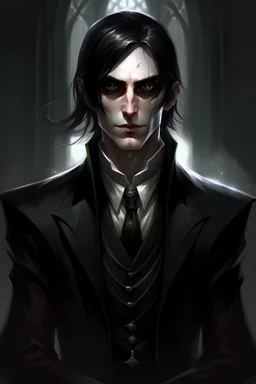 the dark butler, young elf with dark hair, dark clothes, shadow magic, expressive eyes