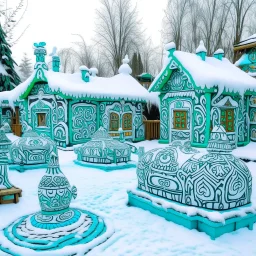 A mint colored snow covered Christmas themed Viking village designed in Mayan architecture painted by Keith Haring