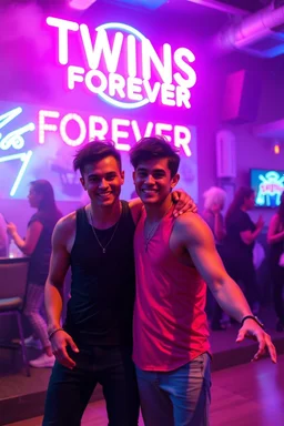An "Identical twins" performing at dance club, theyre name is "Martin and Mercurius" Happy and celebrity look, , Neon lights and smog, "TWINS FOREVER" big sign on the wall