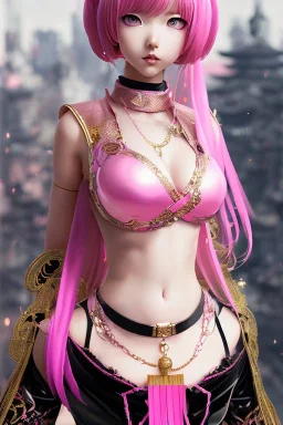 Detailed cute anime Kunoichi girl, pink hair buns, pink bangs, black latex bodysuit, intricate details, full body portrait, keep head in frame, slight smile, black Japanese motif, concept art, highly detailed, digital painting, concept art, sharp focus, illustration, art by Yoji Shinkawa, WLOP and greg rutkowski and alphonse mucha and artgerm and yanjun Chen and Junji ito and Makoto Shinkai, HDR, octane render