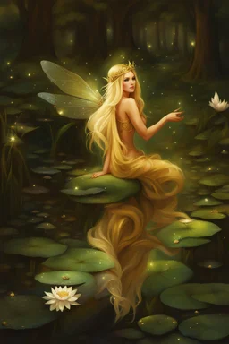 Fairy Princess, long blonde hair,long golden hair, Fairy crown ,fairy, fairy wings, mushrooms ,sparkle,waterlilies,flawless feet,Lilly of the valleys