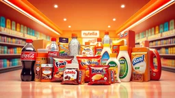 A 3D design of supermarket products such as soda, Coca-Cola, Fanta, mineral water, chocolate, packaged cakes, chips, puffs, Nutella, Rani, candy, shampoo, detergent with an orange, red, and white color theme in a special psychedelic space.
