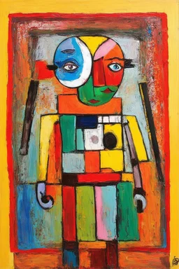 a puppet of your own reflection; a painting with an admixture of Paul Klee and Hundertwasser