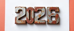 "2026" in squared block letters made of shiny and rusty metal on contrasting background