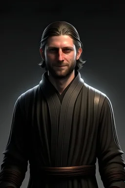 use the 'favourite image' create a full body view in dark jedi robes, with a jedi belt and lightsaber on the belt