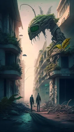 alien ruined street with plants and man