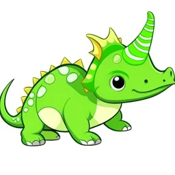 Cartoon illustration for children: Green Triceratops with one broken horn. He is sad.