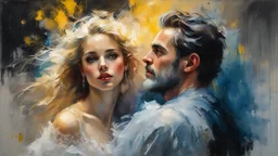 Portrait of a man and a stunningly beautiful blonde woman, made of tulle, detailed fabric painting, Candlelight Insanely detailed painting by Pino Daeni, Jeremy Mann, Carne_Griffiths, Vadim Kashin, James Gurney, texture, 16k resolution, fine art, natural light, beautiful