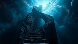 Stairs between heaven and hell, a big vertical spiral staircase made of indefinable material, the end of which cannot be seen, connecting the hellish dark depths with the endless dark blue universe, higg detailed, surreal, dark vibe, cinematic
