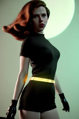 retro portrait image from 1960, New York explosion, long hair, young Scarlett Johansson, classic black tight lycra suit, weapons, gold bracelet and belt, high heel boots, soft color, highly detailed, unreal engine 5, ray tracing, RTX, lumen lighting, ultra detail, volumetric lighting, 3d, finely drawn, high definition, high resolution.