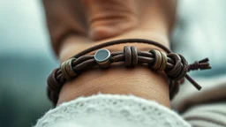 very close-up macro photo of a bracelet made of brown leather and onix on a woman's wrist, detailed, sharp contrasts, realistic, cinematic, blur background
