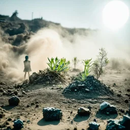 A striking quality Kodak photograph captures a wasteland with liquid and a group of plants, odd figure, creepy, details of the dust abd liquids very accentuated, glossy organic mass, adorned with minerals and rocks. Bathed in intense light, eerie, Max Ernst style, white sun, fog