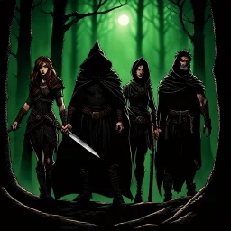 A group of four characters from a fictional book world. A witch, a gladiator, a thief, and an enchanter. The characters are in a dark forest. The characters are shrouded in mystery.