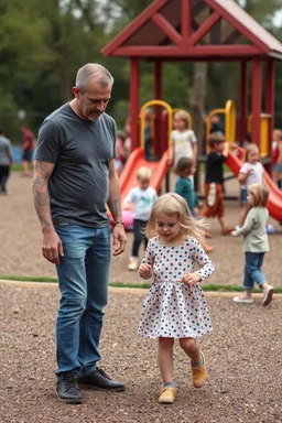 a creepy small skinny 40 year old dad in the playground with his young 3 year old daughter with blonde hair playing on the playground but the dad is checking out all the other kids curvy mums . there are many kids playing on the playground