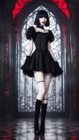 Full-body shot, of slender, pale goth woman, long legs, standing braced, straight, dark bob hair with bangs, fair skin, red lips, and white stockings and stilettos, fantasy background
