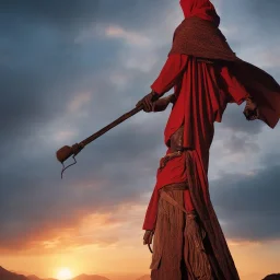 dungeons and dragons, monk, black, african, portrait, face, close up, cloak, clothes, cape, brown fabric, sunset, red sun, single person, red sky, hood