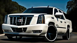 A sleek white shiny (((Customized gangsters lowrider cadillac escalade))), its contours and details perfectly captured in a (((cinematic view))), zipping along a winding road under a beautiful blue black morning sky