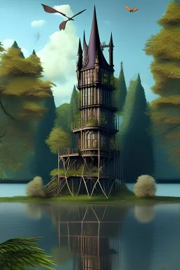 Fantasy three-story Gothic Tower, With A Side Building, On An Island, In A Lake, In Woodland, With A Flying Boat Overhead