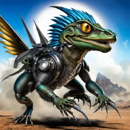 Lucky Stryker, Jet eagle lizard human combination, biomechanical surrealism, 4 limbs, 2 metallic wings, one jet engine, 2 eyes, big toothy smile