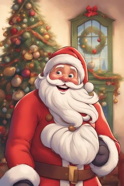 smilling santa claus next to christmas tree, disney and pixar style