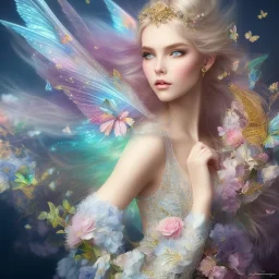 bright fairy, beautiful portrait, blond hair,blue eyes, flowery luminous pastel colors, butterfly