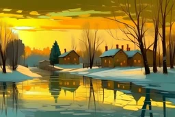 Landscape , winter, lit village, sunrise, lake, snow, bright, cottonwood trees, old buildings, reflections, w , high detail,4k, in style of Vincent Van Gogh