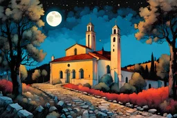 create a fine art print illustration of an old Italian village church, with highly detailed rough stonework, surrounded by ancient Lombardy poplar trees, in the hills of Tuscany under a blood moon at midnight , in the comic book art style of Bill Sienkiewicz, and Jean Giraud Moebius, finely textured, drawn, colored, and inked