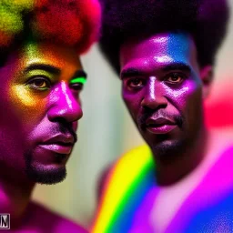 older man, fourty years old, masterpiece, best quality, family of three, ebony skinned, sparkling eyes, fluorescent skin, colorful makeup, afro, highly detailed body, afrofuturism, scifi, sun light, 4K, RAW, depth of field, high contrast, realistic details, 24mm