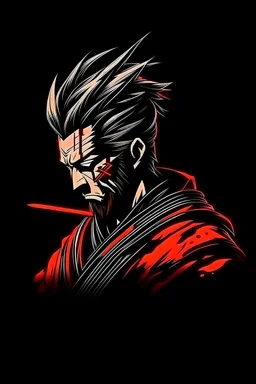 Create animated samurai with hair holding hair style in black background with bloody color