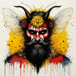 [art by Ralph Steadman] Devil of bees: a colourful Celtic warrior with a beard, covered by honey, In the heart of the buzzing hive, where the walls cracked and the sacred ways of life were defiled, there lurked the malevolent presence known as the Devil of Bees. This laughing entity, with a dark, twisting beard that seemed to writhe with a life of its own, wielded a power that struck fear