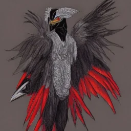 winged, humanoid Digimon drawing inspiration from the raven (Corvus corax). It is armored from head to toe with a red mask on its face that appears like that of a raven head