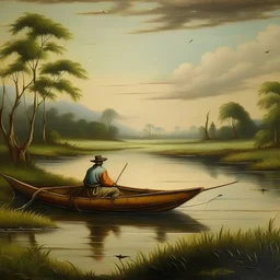 Pintura de paisaje en llanura que muestre a un pescador en su canoa al estilo del artista argentino Benito Quinquela Martín.