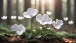 white cyclamen blooms in forest light, close-up, blurred background