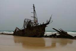 A shipwreck on a beach that has a camp on it