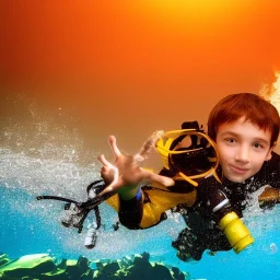 a boy diving in the ocean with diving gear and finds treasure chest, photo realistic, bright, happy