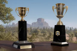The trophy stands about 12 inches tall, and the base is a shiny, black marble pedestal with a silver plate on it, bearing the inscription "Champion's Triumph" in bold, elegant letters.